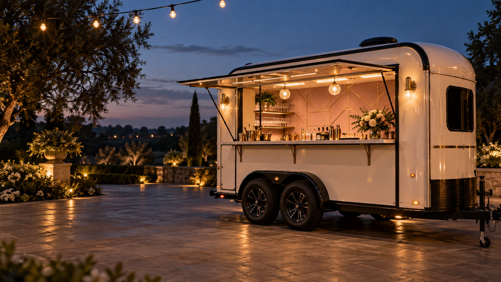 Mobile bar concept with a blush and gold interior, illuminated at dusk.