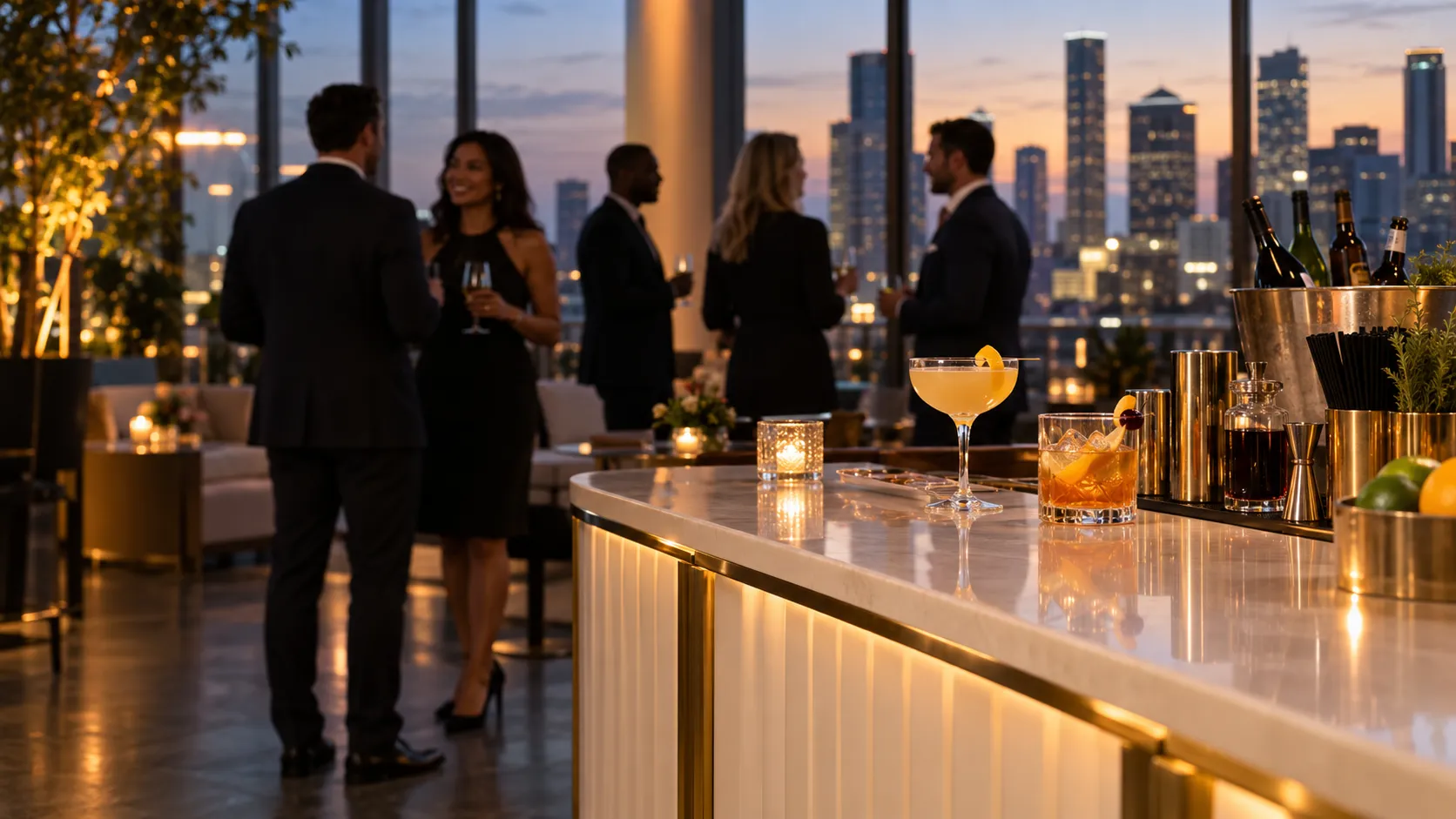 Editorial corporate reception with cocktails on an elegant cream and brass bar and guests mingling at dusk.