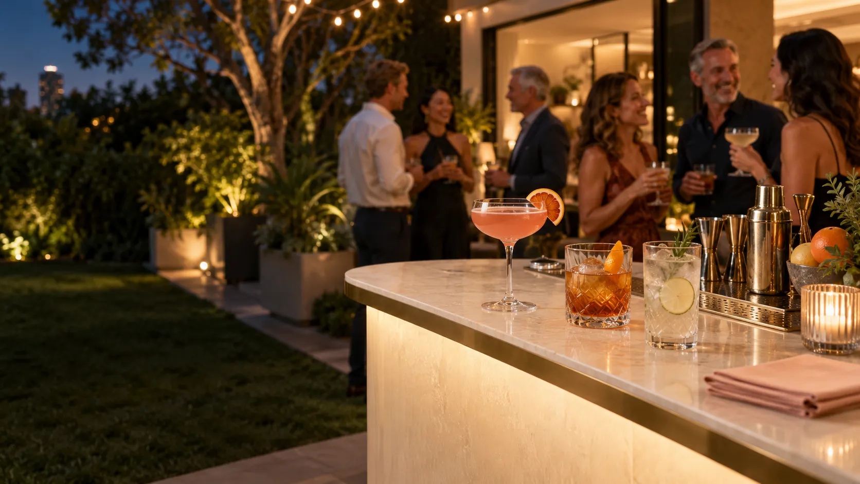 Editorial evening celebration with cocktails at a cream and brass event bar and adult friends gathering on a garden terrace.