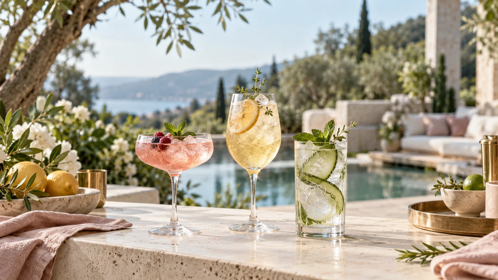 Three mocktail-style drinks with citrus, berries and herbs on a cream stone bar in a sunlit garden retreat setting.